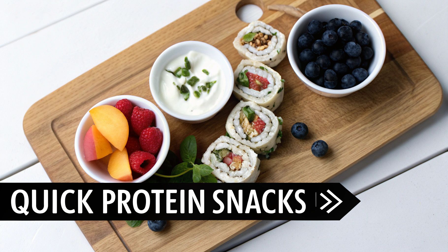A variety of simple, high-protein snacks like Greek yogurt with berries, hard-boiled eggs, and cottage cheese with peaches.
