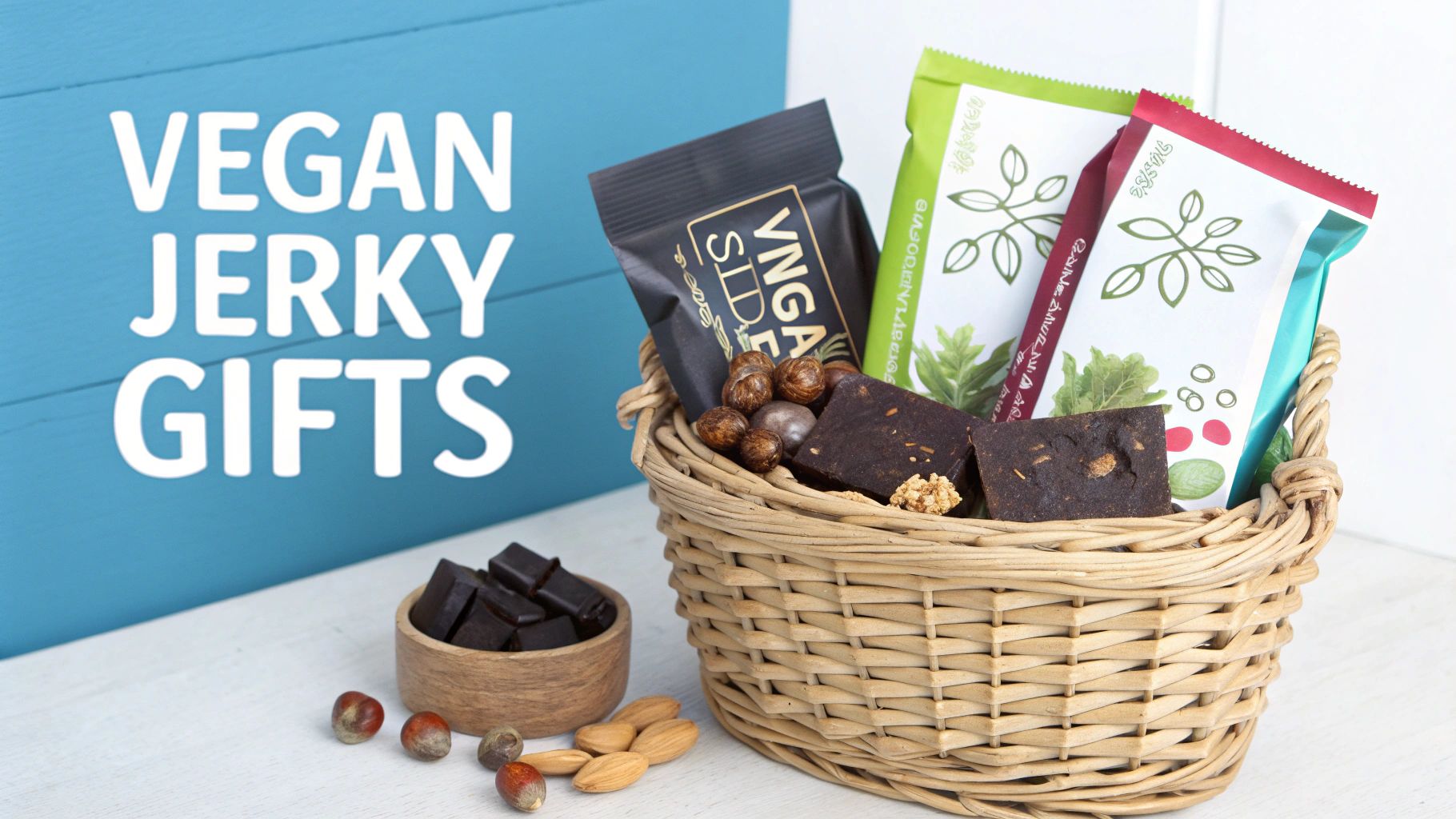 A gift basket featuring vegan jerky snacks, dark chocolate, and assorted nuts on a table.