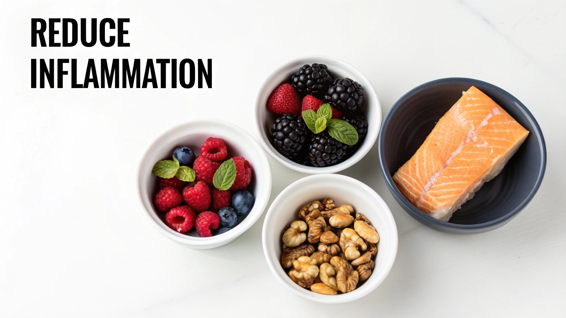 Assortment of anti-inflammatory foods: berries, walnuts, and salmon, on a white background with text.