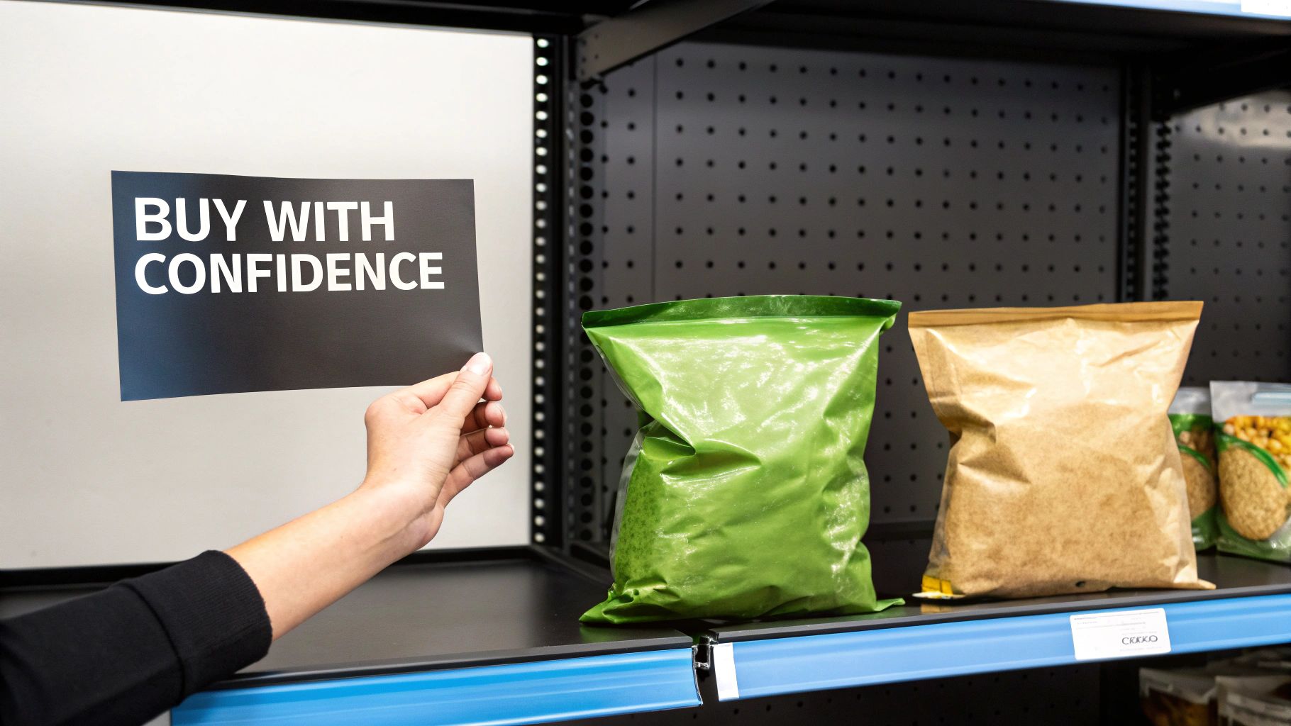 A hand holds a 'BUY WITH CONFIDENCE' sign in a store aisle with two product bags on a shelf.