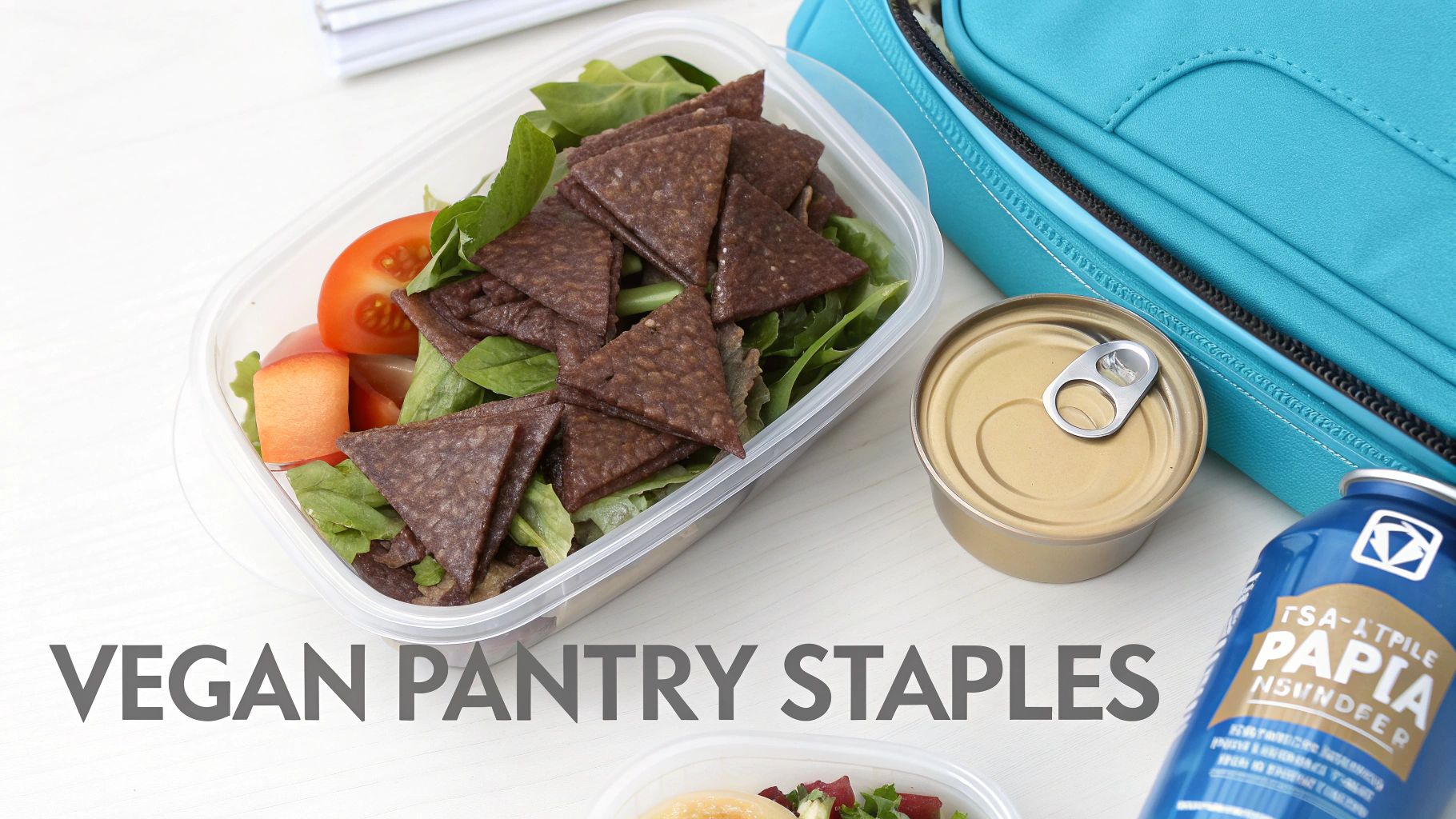 A person adding vegan jerky bits to a fresh salad.