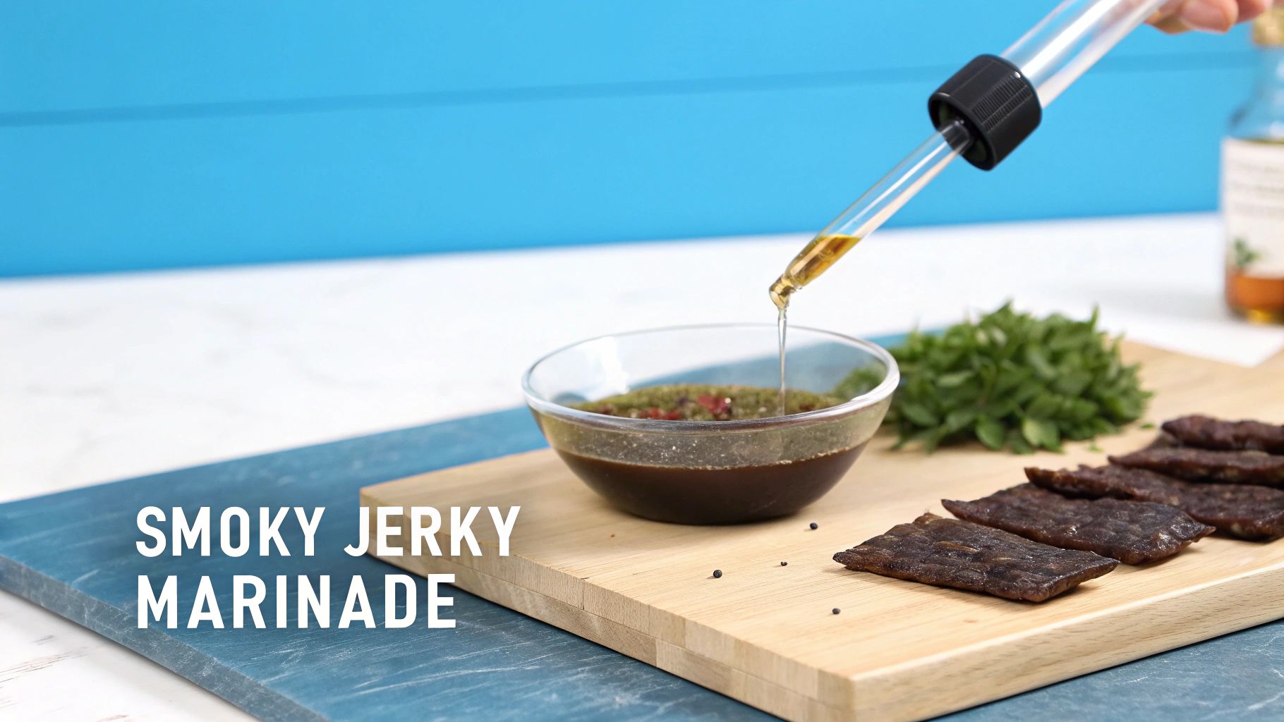 A dropper adds liquid to a bowl of smoky jerky marinade, surrounded by herbs and cooked jerky slices.
