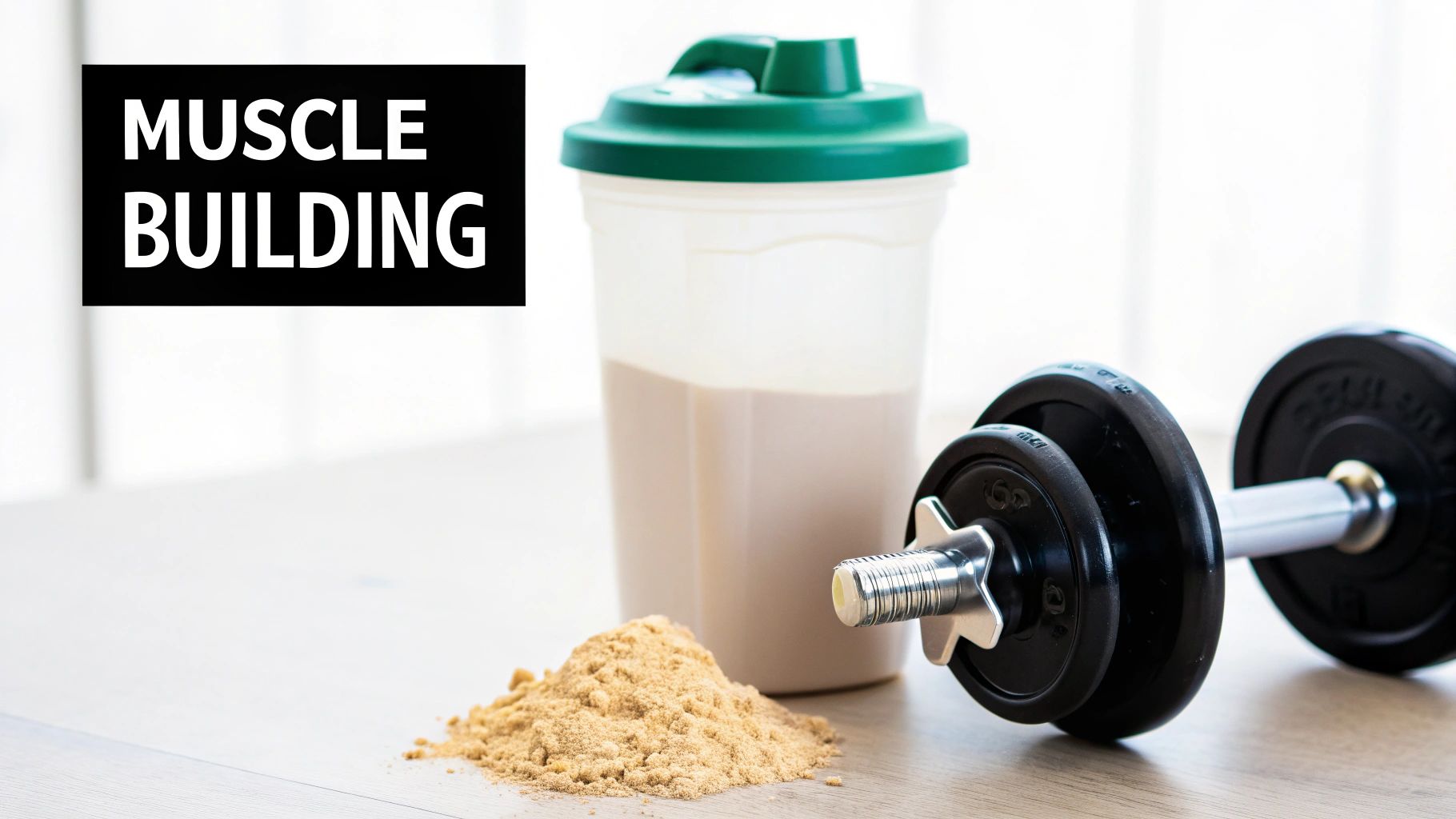 Protein powder, a shaker bottle with drink, and a dumbbell for muscle building and fitness.