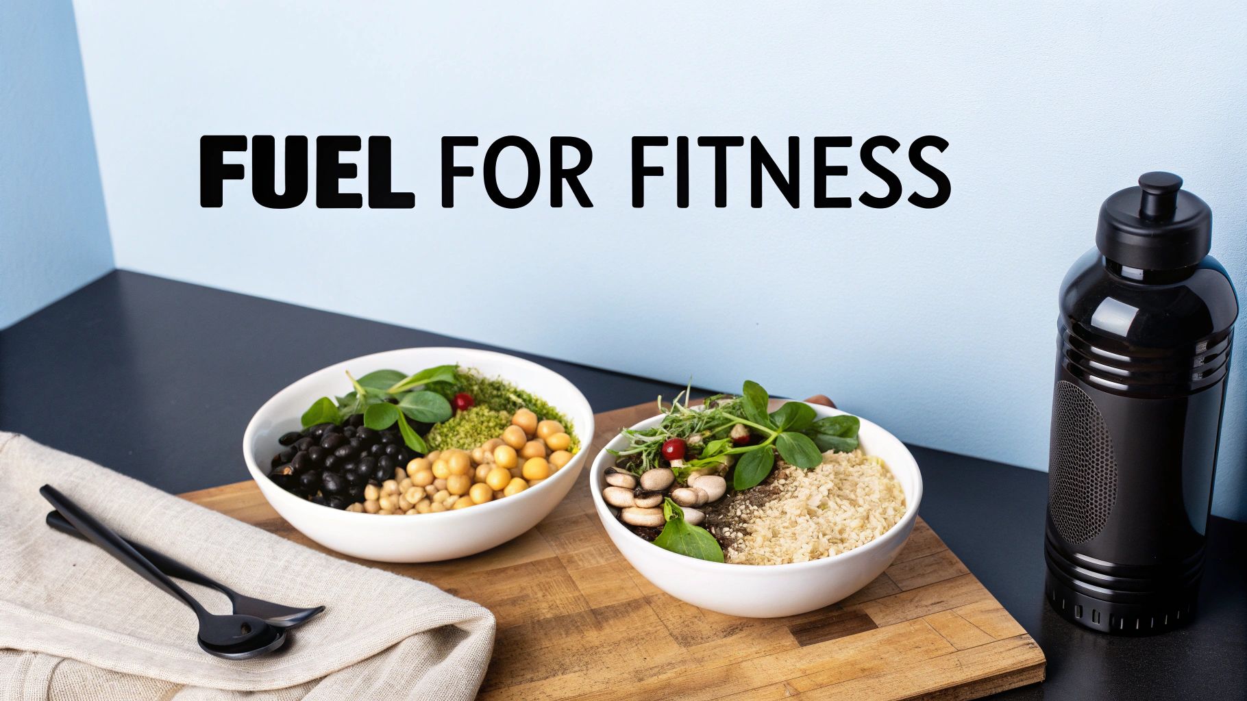 Two colorful bowls of healthy protein and grain meals for fitness, with a water bottle.