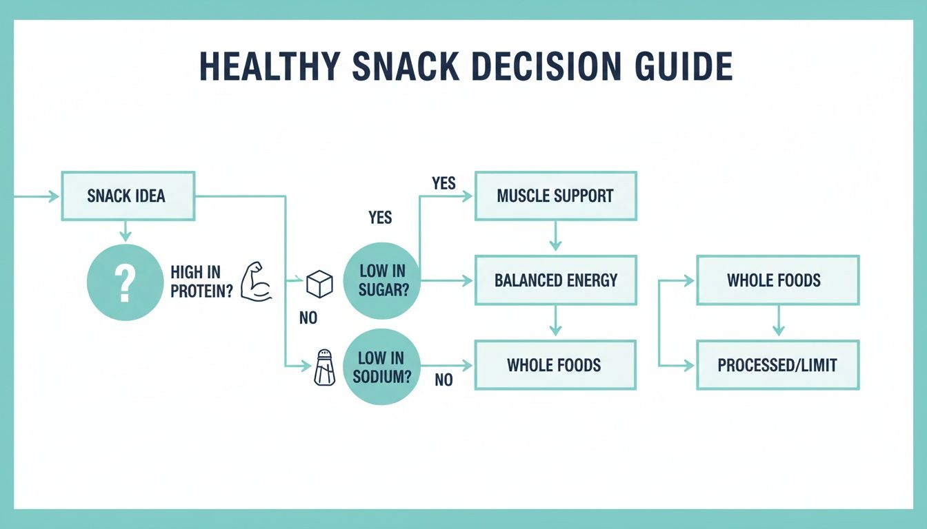 Flowchart decision guide for choosing healthy snacks based on protein, sugar, and sodium levels.