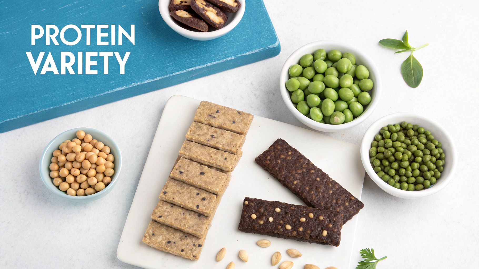 A flat lay of various plant-based protein sources like soybeans, green peas, and different protein bars.