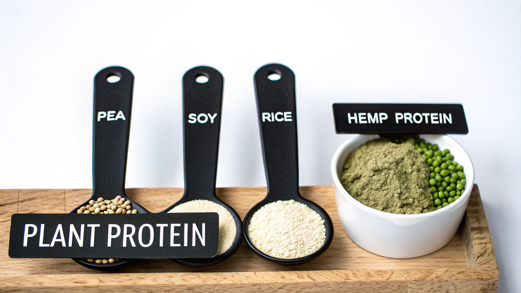 Various plant-based protein powders and seeds on display, including pea, soy, rice, and hemp.