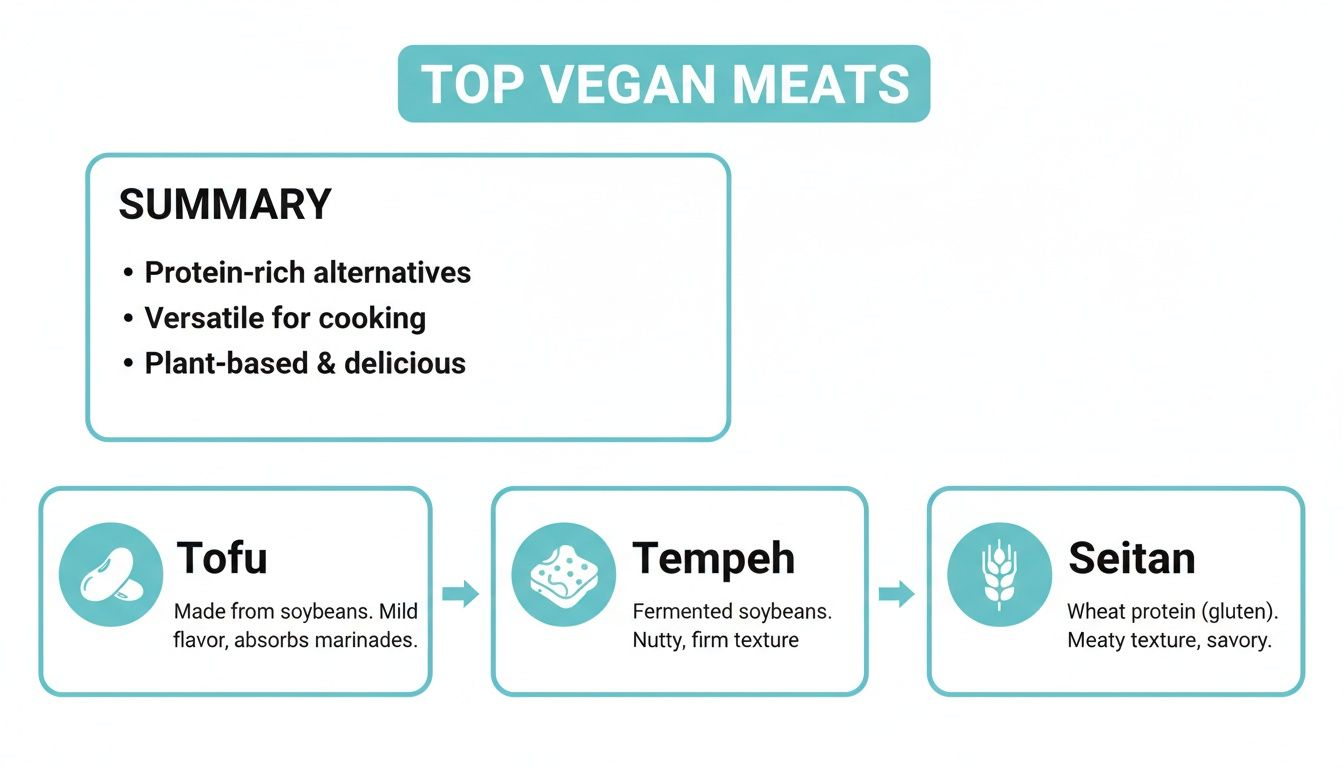 Infographic detailing top vegan meat alternatives: Tofu, Tempeh, and Seitan, with descriptions and summary.