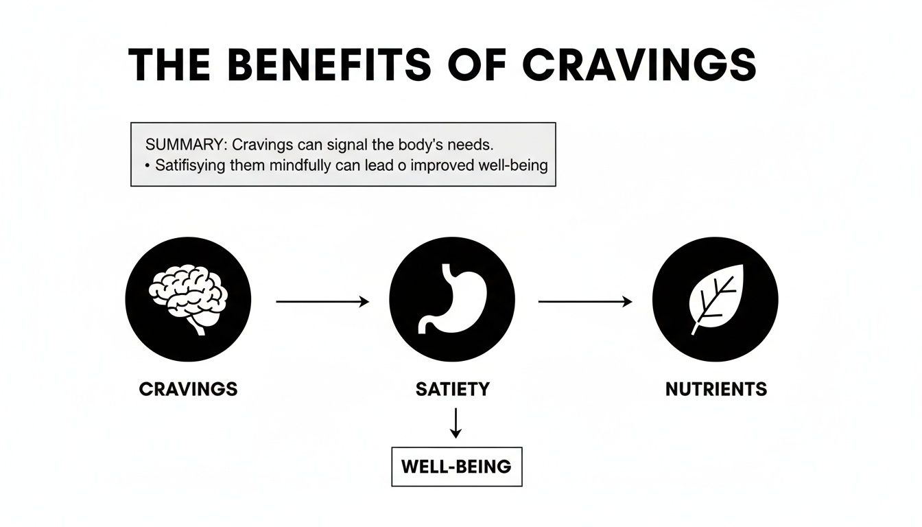 Infographic detailing the benefits of cravings, showing how satisfying them leads to satiety, nutrients, and well-being.