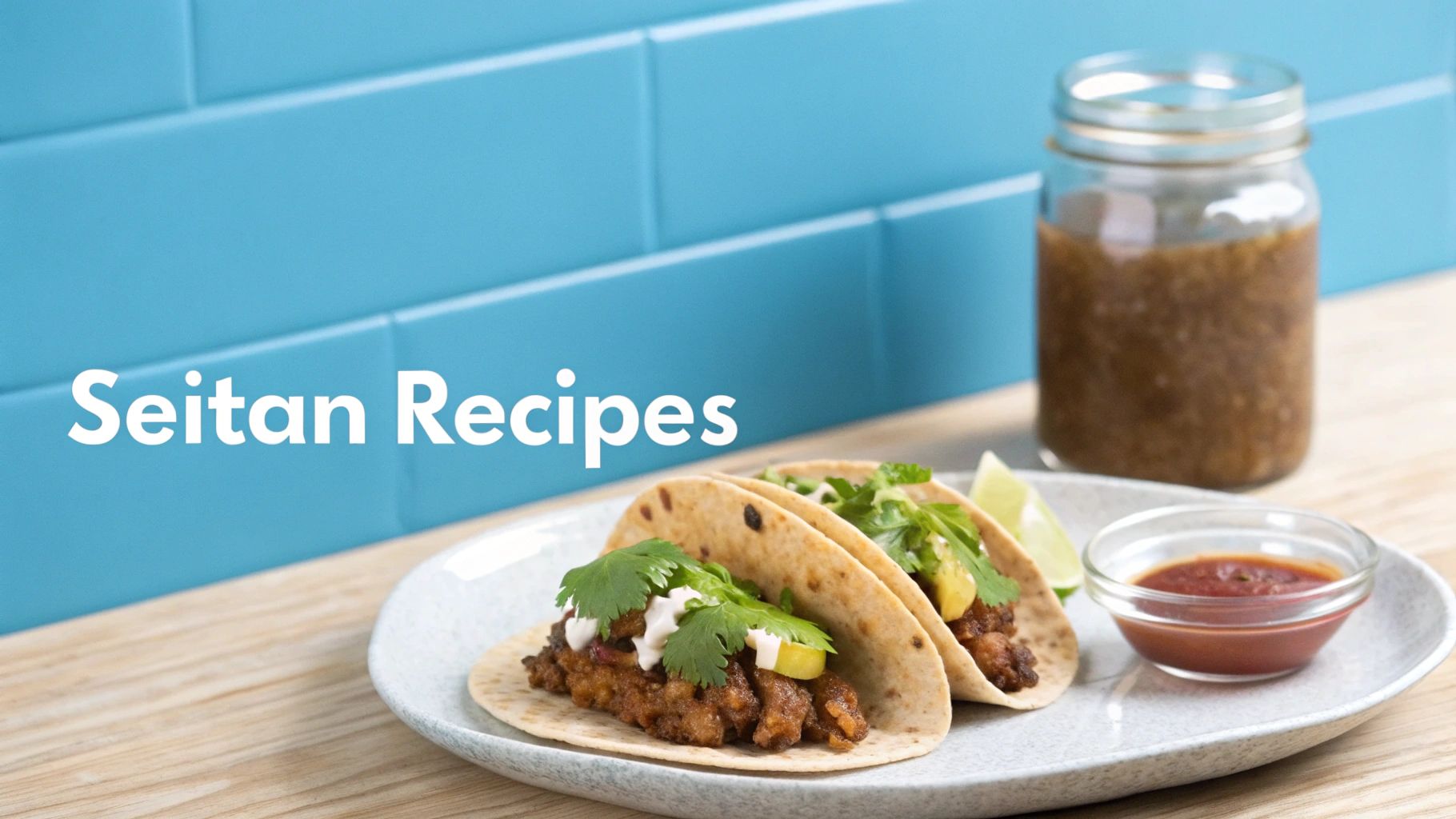 Two delicious seitan tacos garnished with cilantro and white sauce, served with salsa and lime.
