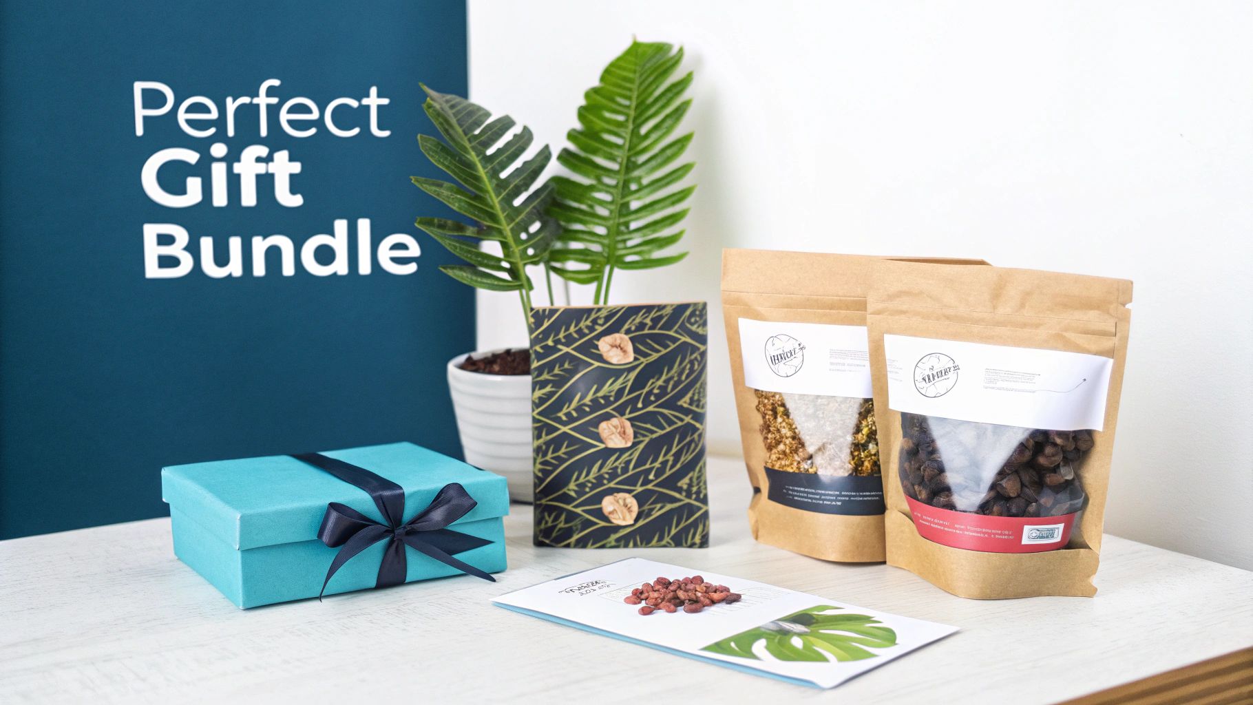 A curated 'Perfect Gift Bundle' featuring a teal box with ribbon, two snack pouches, and a plant.