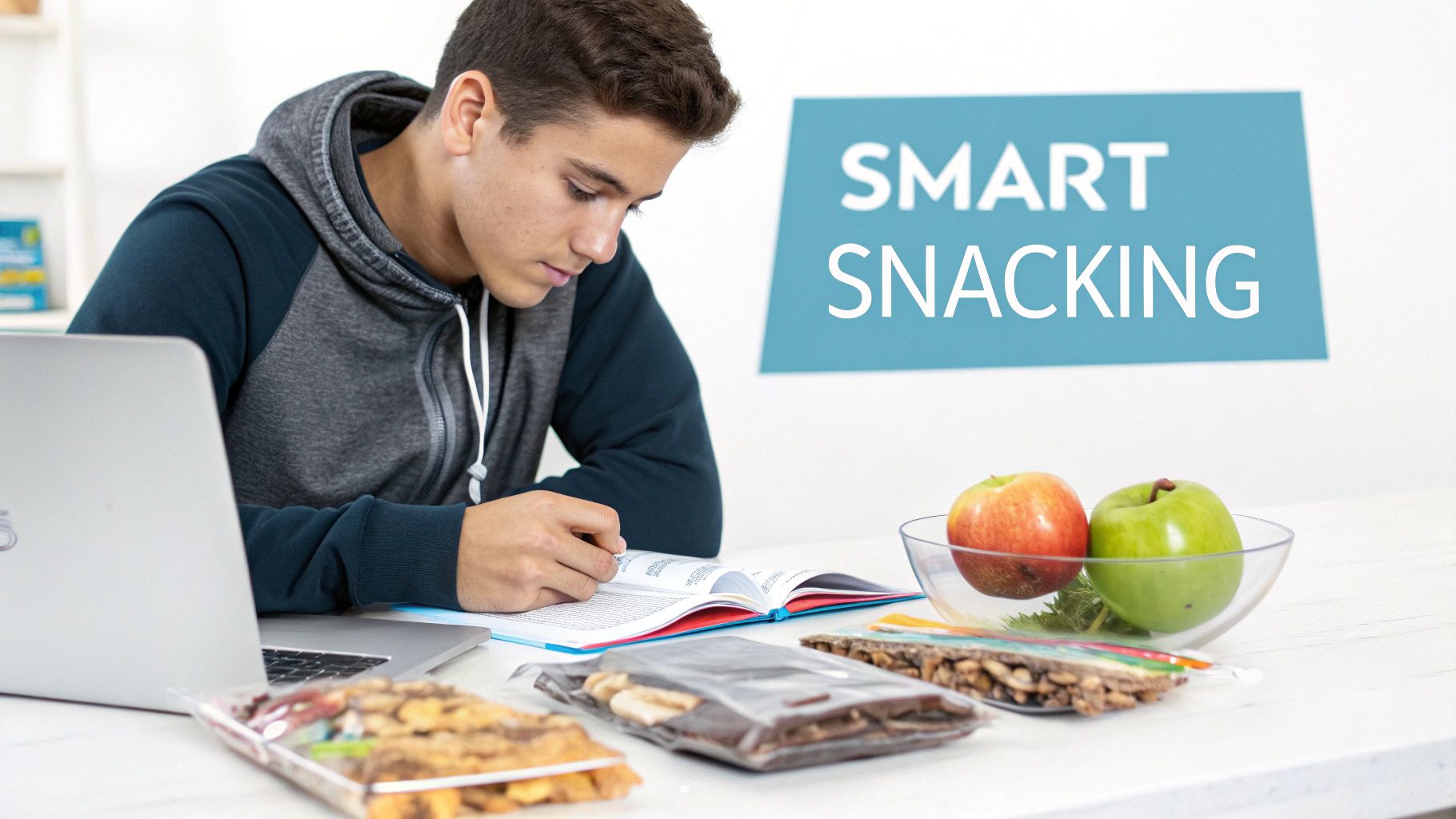 Young man studying with a laptop and book, surrounded by healthy snacks for smart snacking.