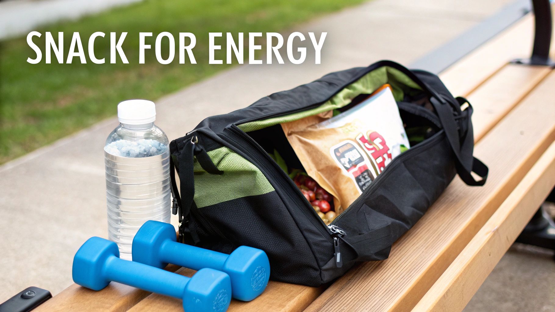 A gym bag with snacks, water bottle, and dumbbells on a bench, text reads 'SNACK FOR ENERGY'.