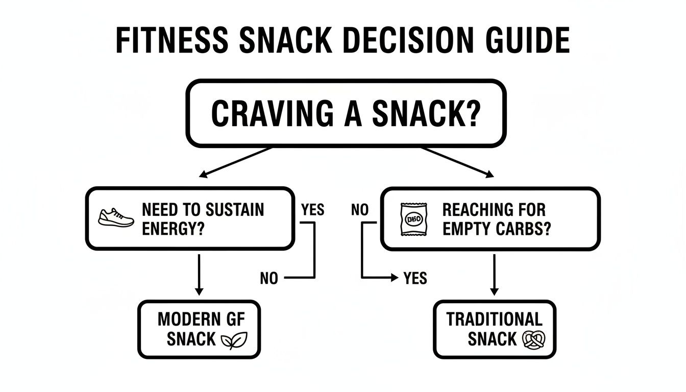 A fitness snack decision guide flowchart helps choose between modern GF and traditional snacks based on energy needs.