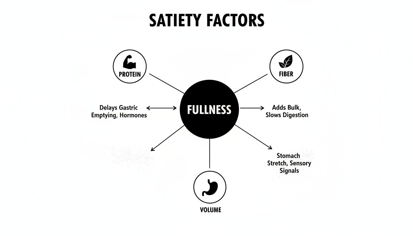 Diagram illustrating satiety factors: protein, fiber, and volume, contributing to fullness with their mechanisms.