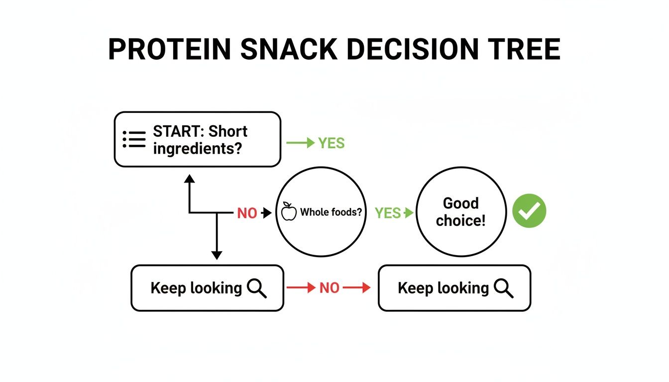 Decision tree flowchart guiding users on how to choose healthy protein snacks based on ingredients.