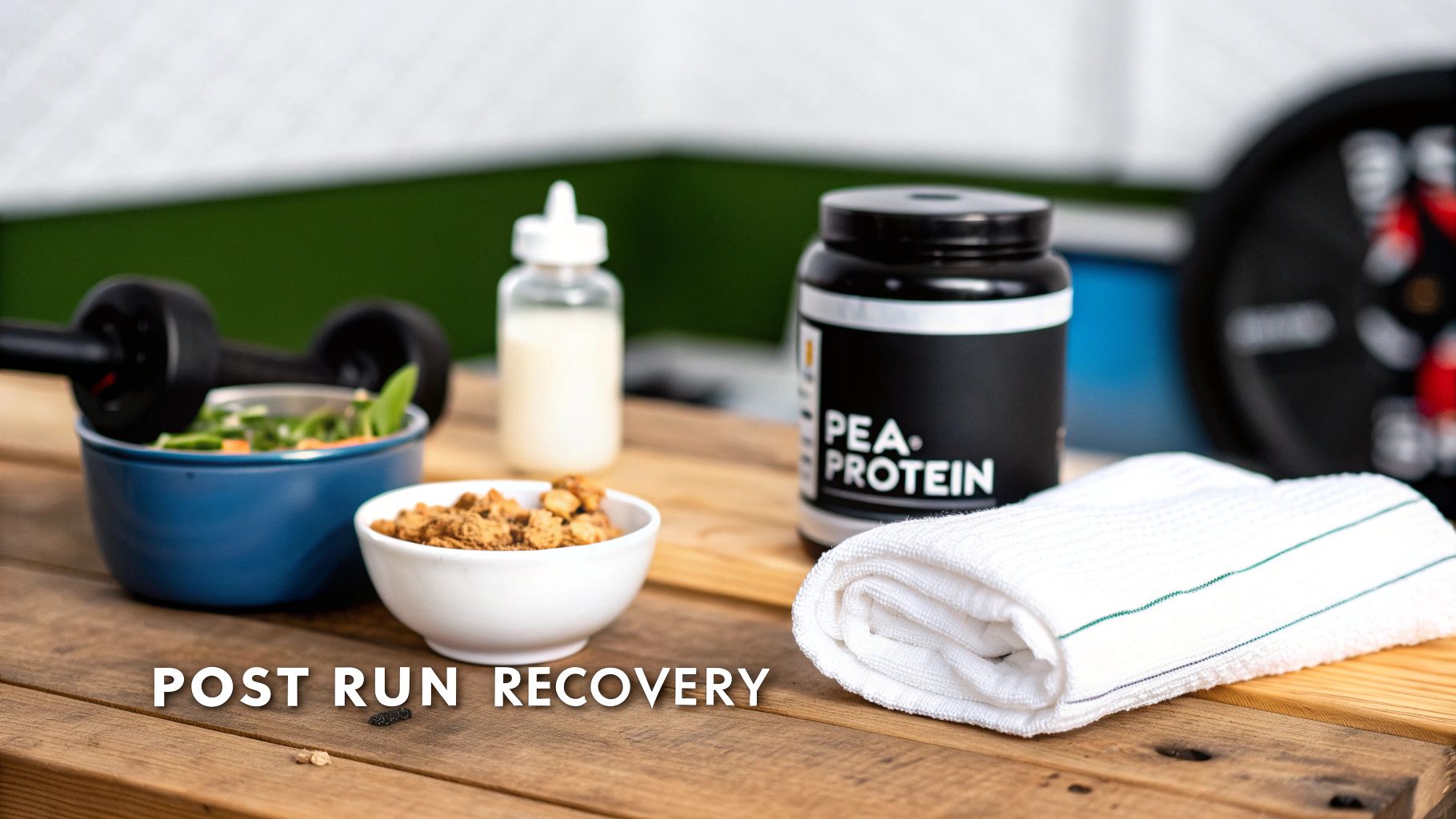 A variety of post-run recovery items: dumbbell, salad, granola, protein shake, pea protein powder, and towel.