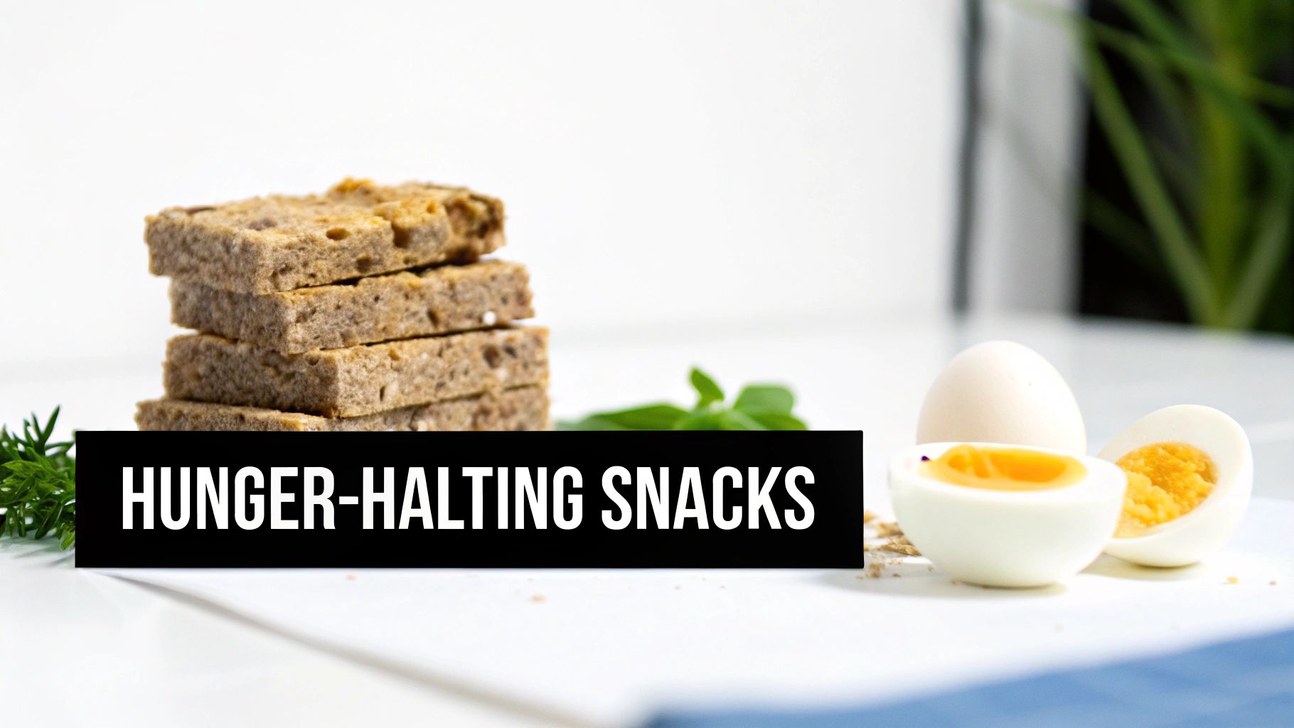 Stack of protein bars and hard boiled eggs on white plate as hunger halting snacks