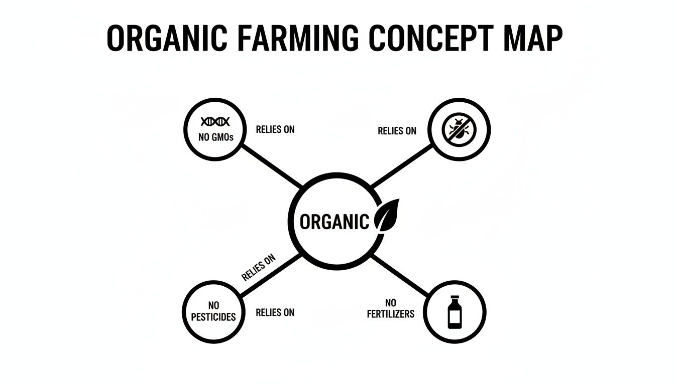 Organic farming concept map detailing principles: no GMOs, no pesticides, and no fertilizers.
