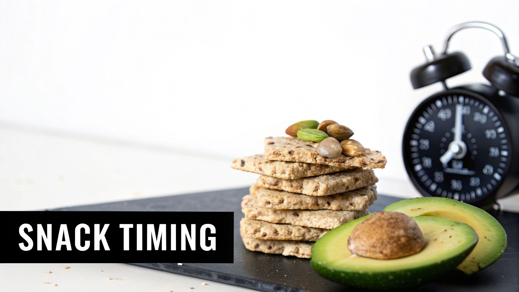 A stack of savory crackers with nuts, a sliced avocado, and an alarm clock, highlighting snack timing.