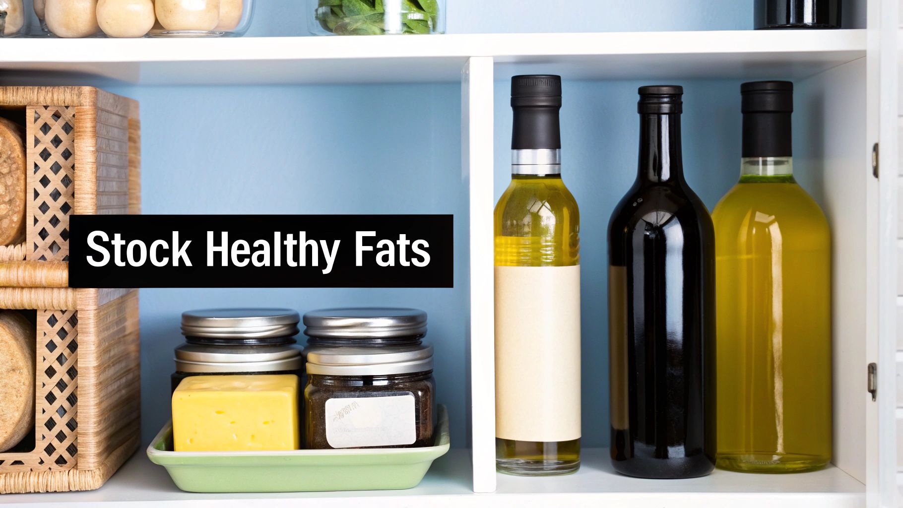 A pantry shelf stocked with healthy fats, featuring olive oil bottles, butter, and jars.