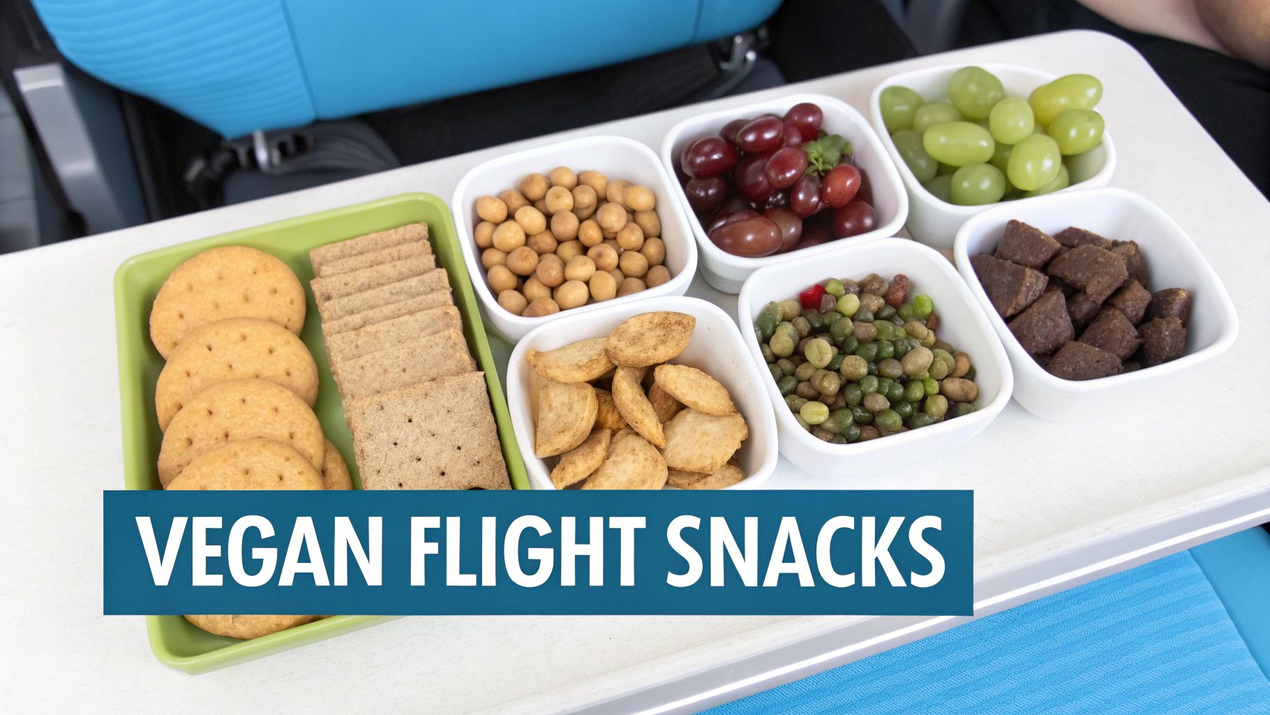 A close-up of delicious vegan snacks like Louisville Vegan Jerky, nuts, and fruit arranged for a flight.