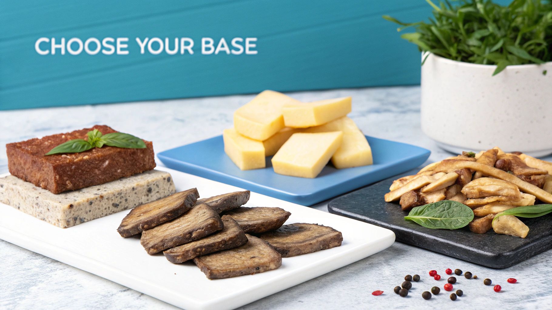 Close-up of different plant-based jerky bases like sliced mushrooms, tofu, and seitan.