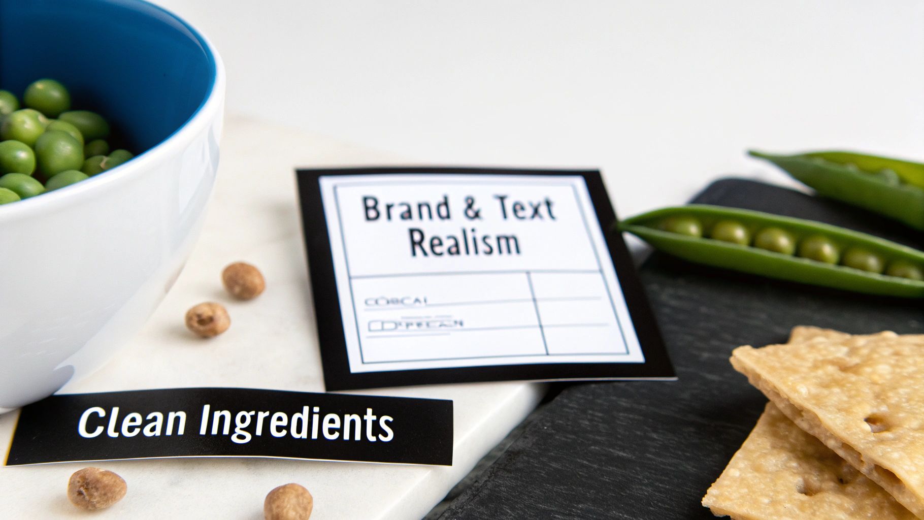 A bowl of green peas, crackers, pea pods, and a 'Clean Ingredients' sign arranged on surfaces.