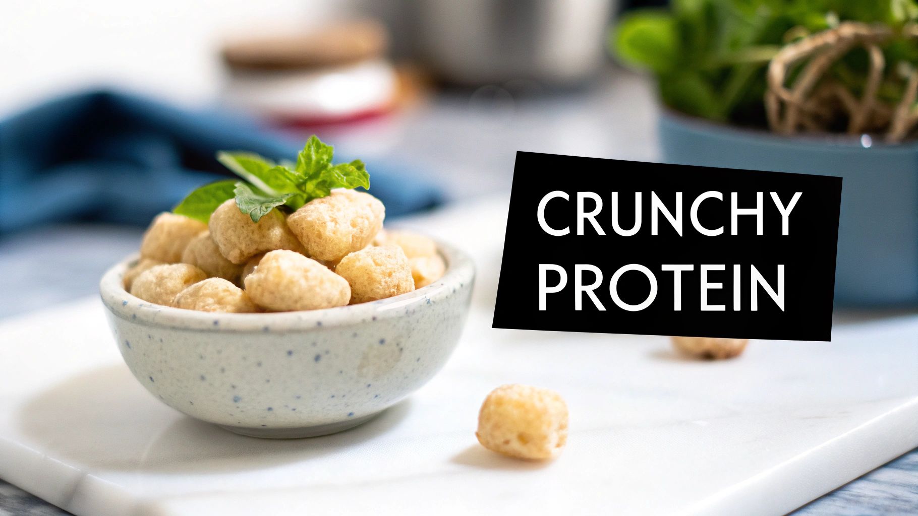 A close-up of a bowl filled with light-colored, crunchy protein bites and fresh mint leaves on a marble board.