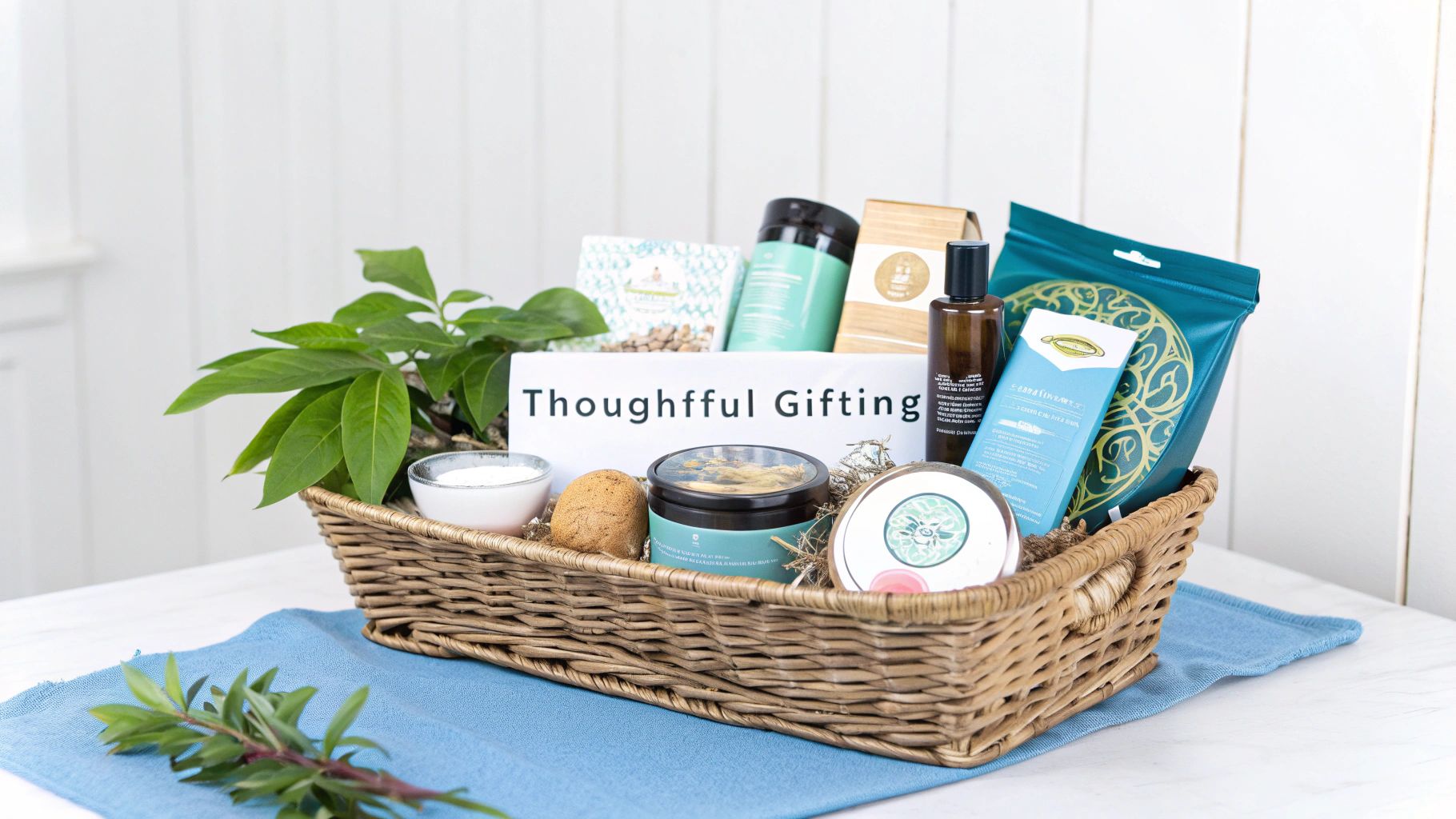 A beautiful vegan gift basket filled with snacks, fruits, and a bottle of wine.