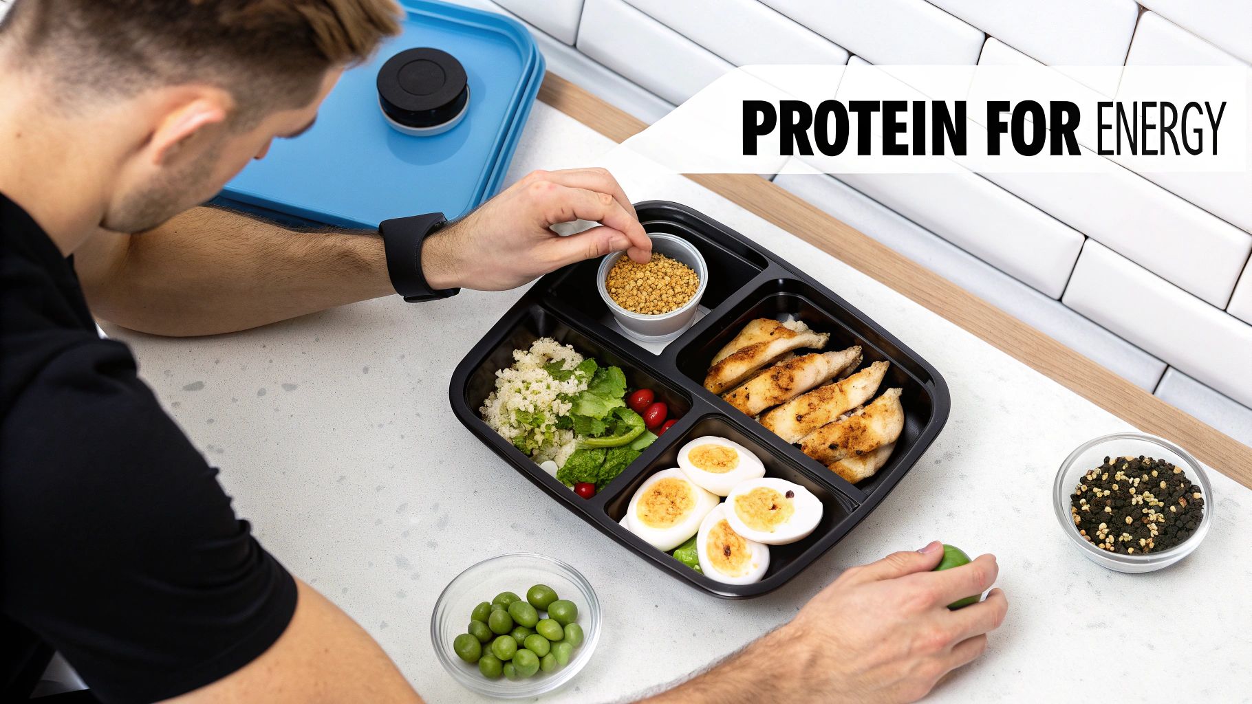 A bowl of healthy food with chicken, avocado, quinoa, and vegetables, representing a high-protein meal.