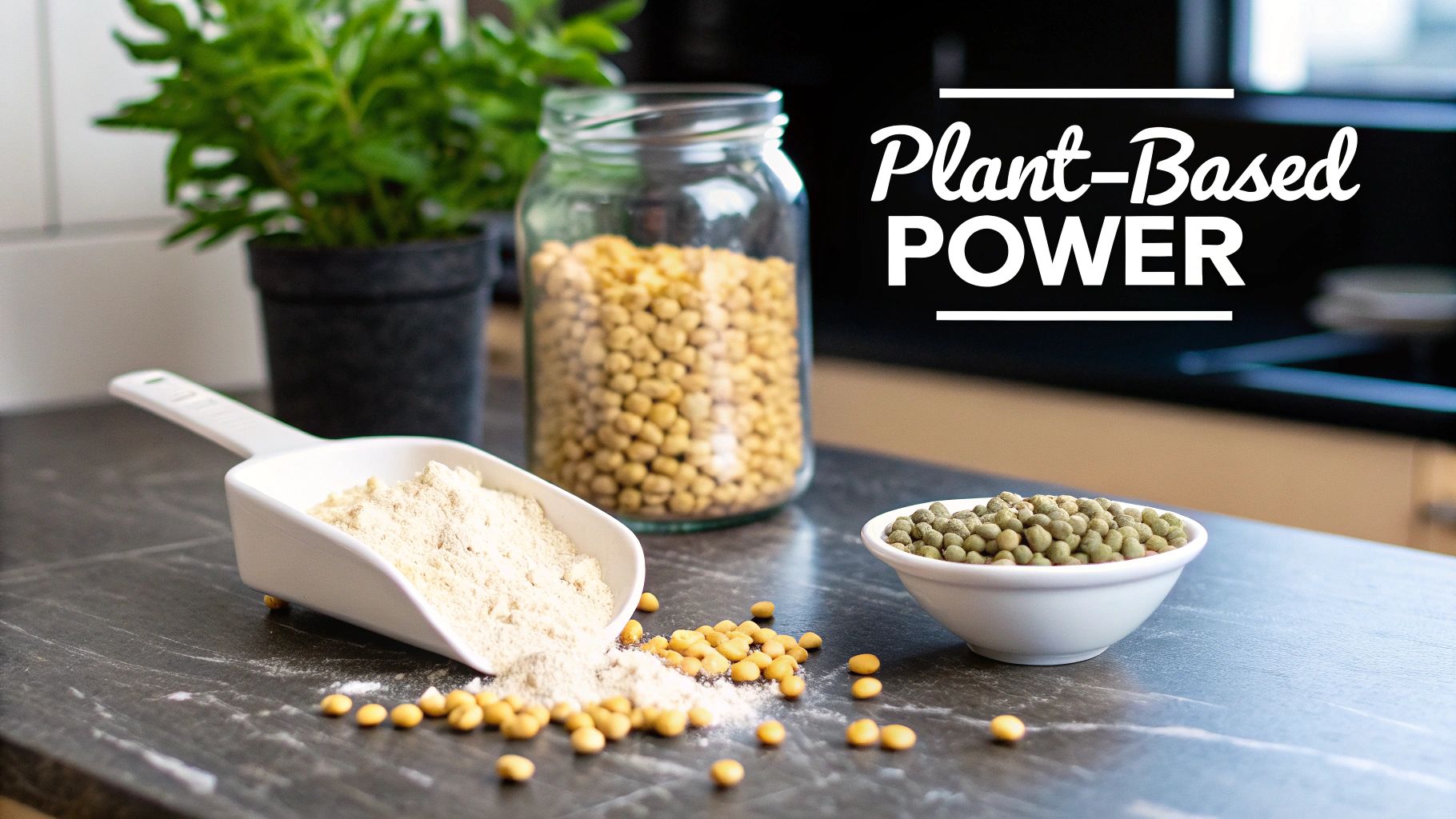 Plant-based protein ingredients including pea protein powder, soybeans, and green peas on a counter.