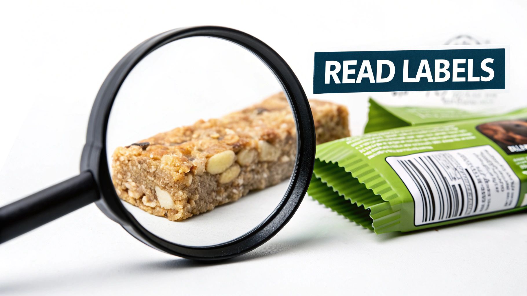 A magnifying glass examines a granola bar, next to its wrapper, with a 'READ LABELS' sign.