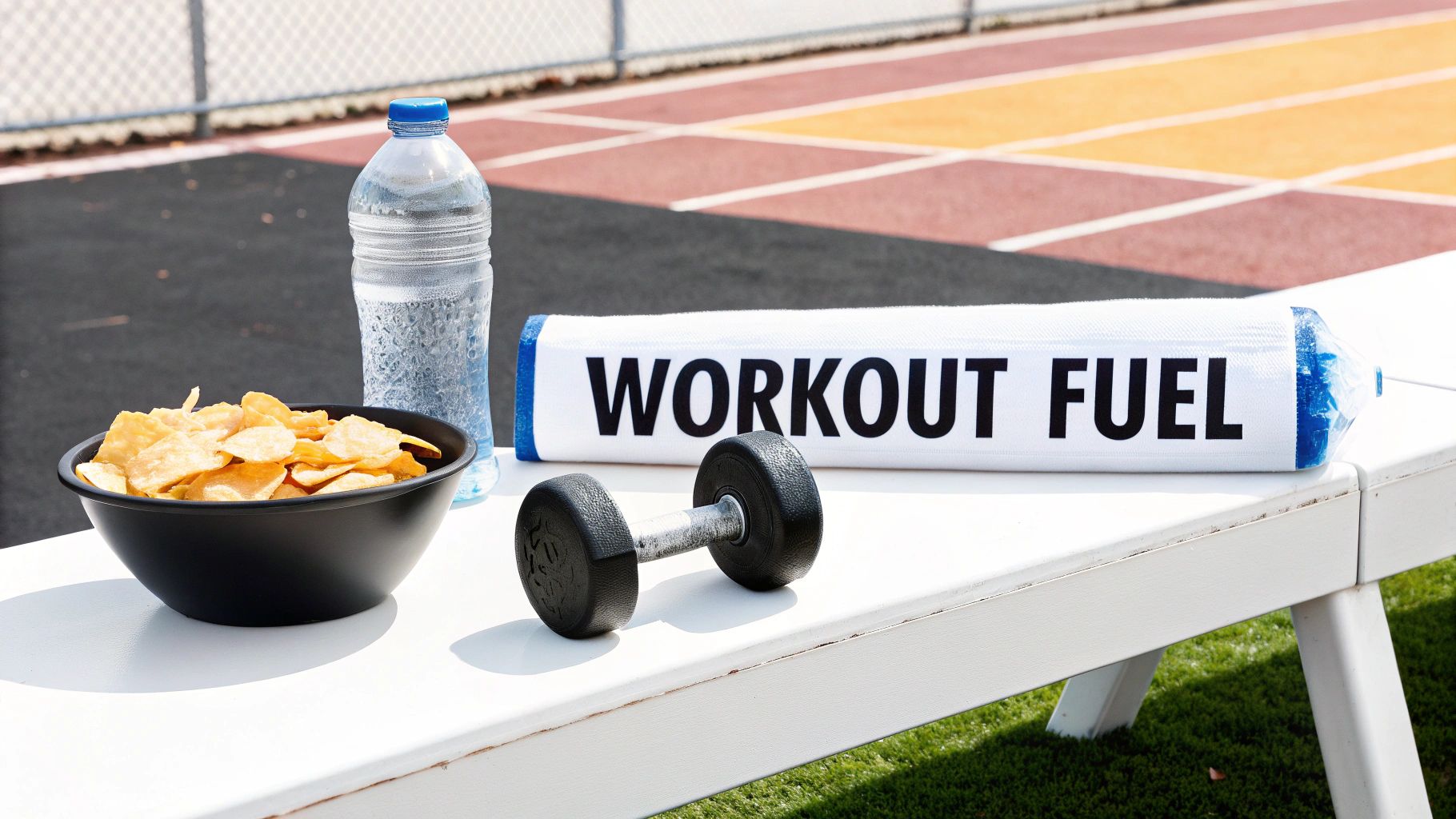 A black bowl of potato chips, a water bottle, a dumbbell, and a 'WORKOUT FUEL' towel on a white bench at an outdoor track.