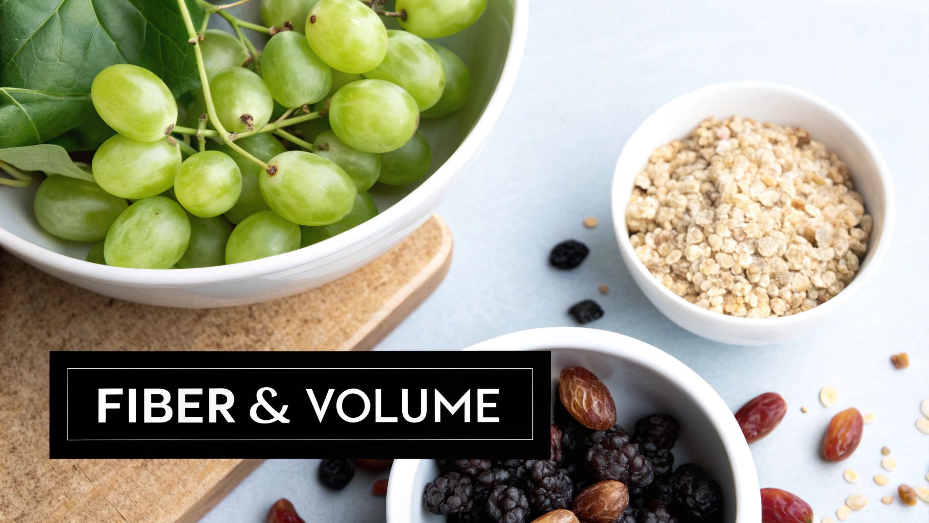 A flat lay of healthy, high-fiber foods like green grapes, cereal, blackberries, and dates, with 'FIBER & VOLUME' text.