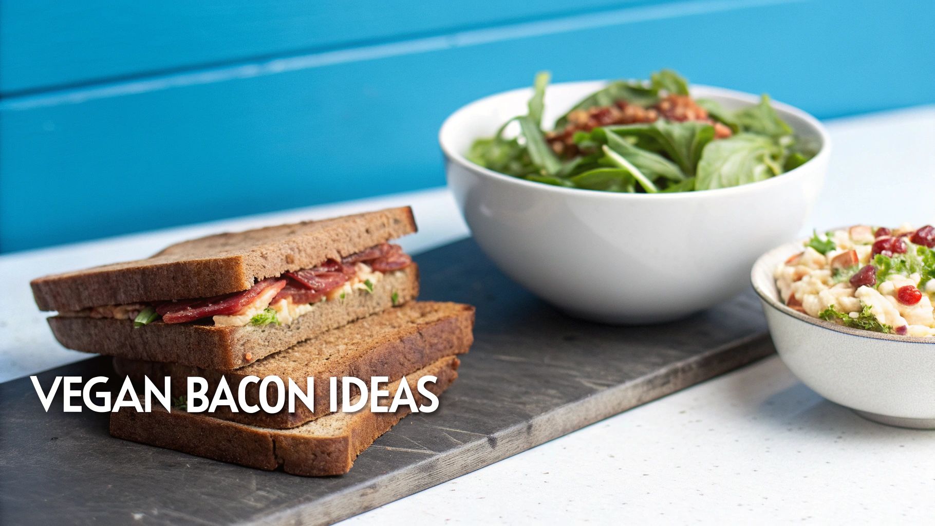 A delicious vegan bacon sandwich on dark bread, served with two vibrant salads.