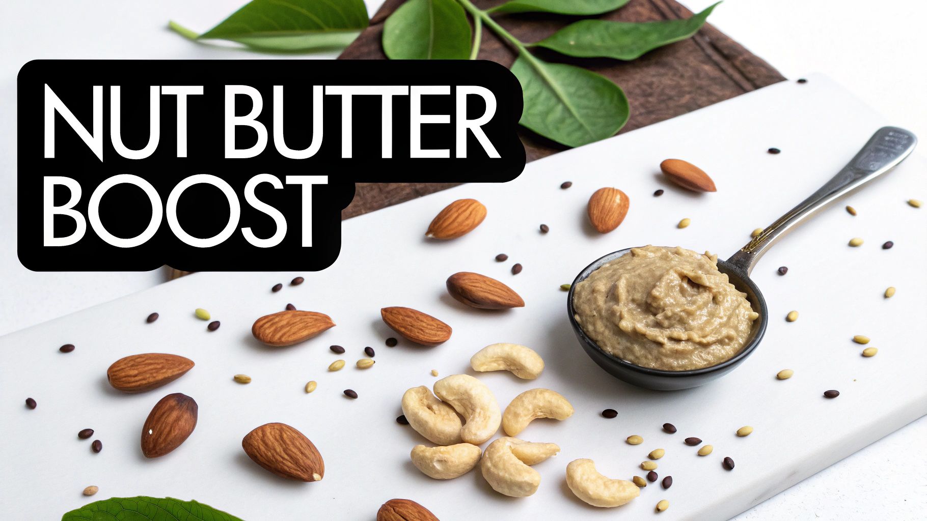 A bowl of creamy nut butter with scattered almonds, cashews, and seeds, captioned 'NUT BUTTER BOOST'.