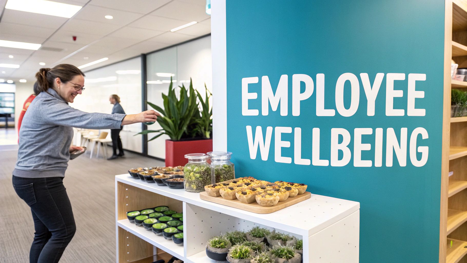 A smiling woman takes a snack from a vibrant employee wellbeing display in a modern office.