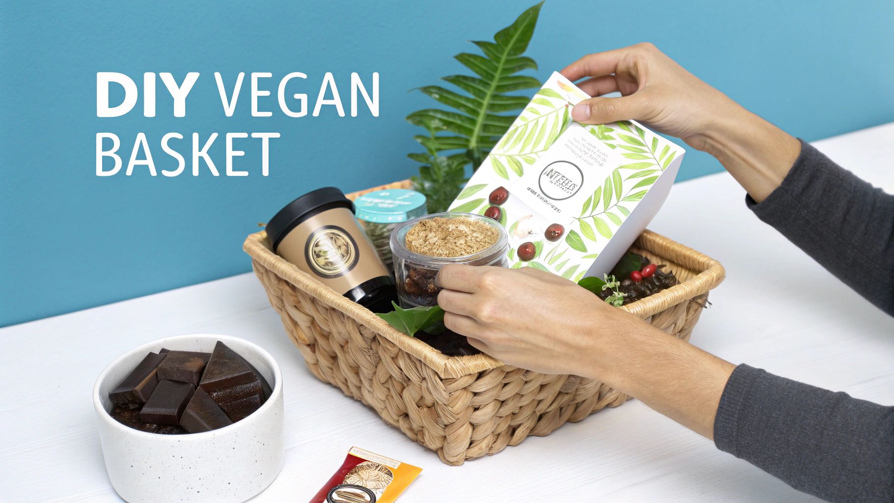 A person arranging items in a DIY vegan gift basket.