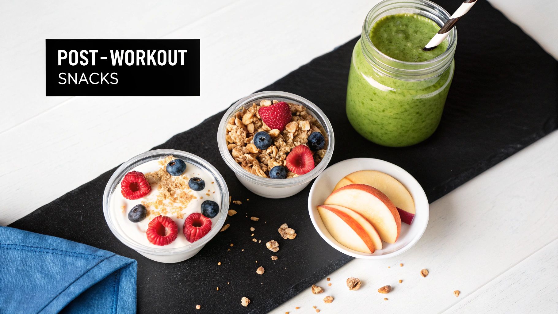 A person preparing a healthy post-workout snack with fruits and yogurt.