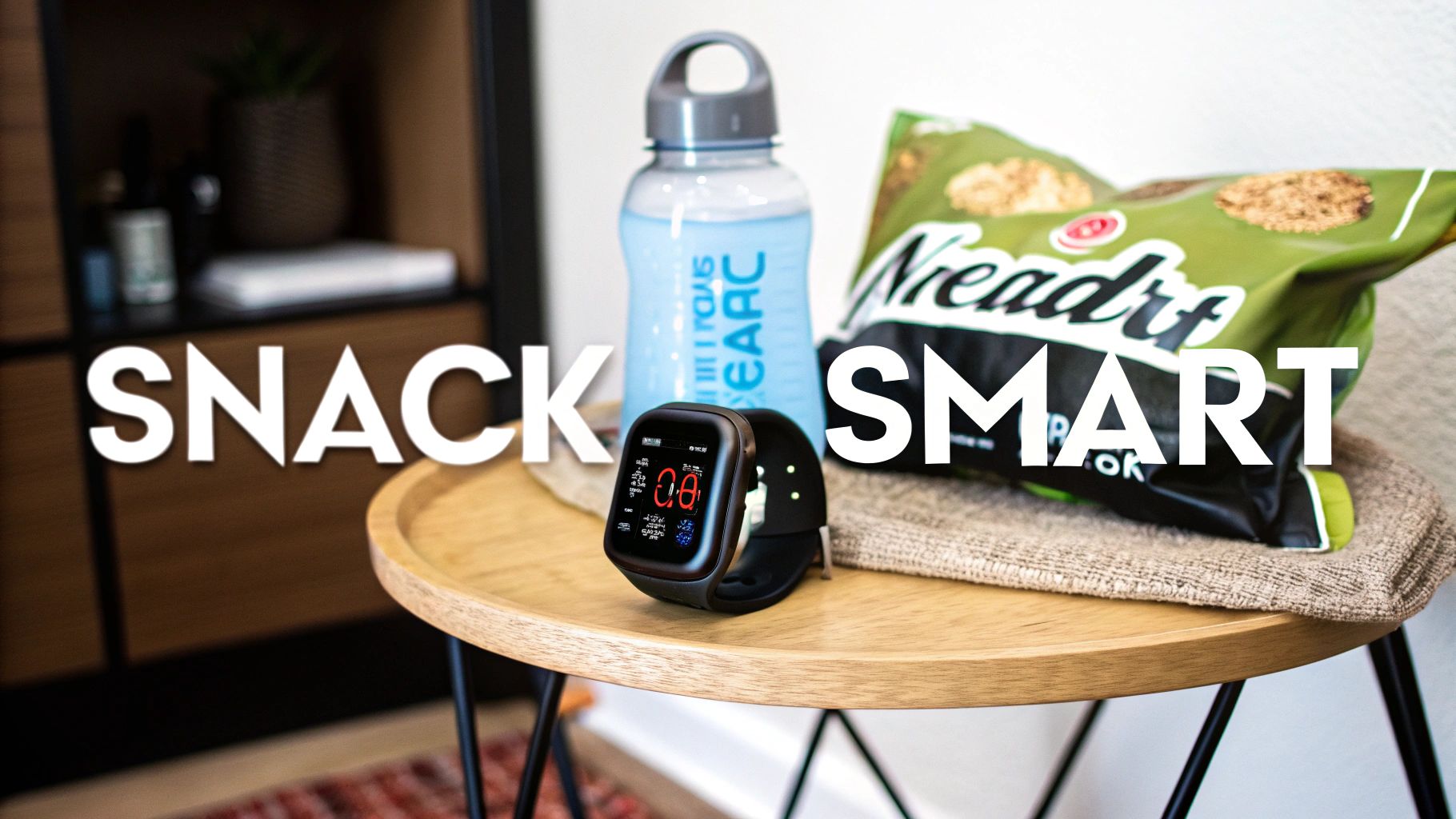 A person packing a bag of protein chips into their gym bag, illustrating strategic snack planning.