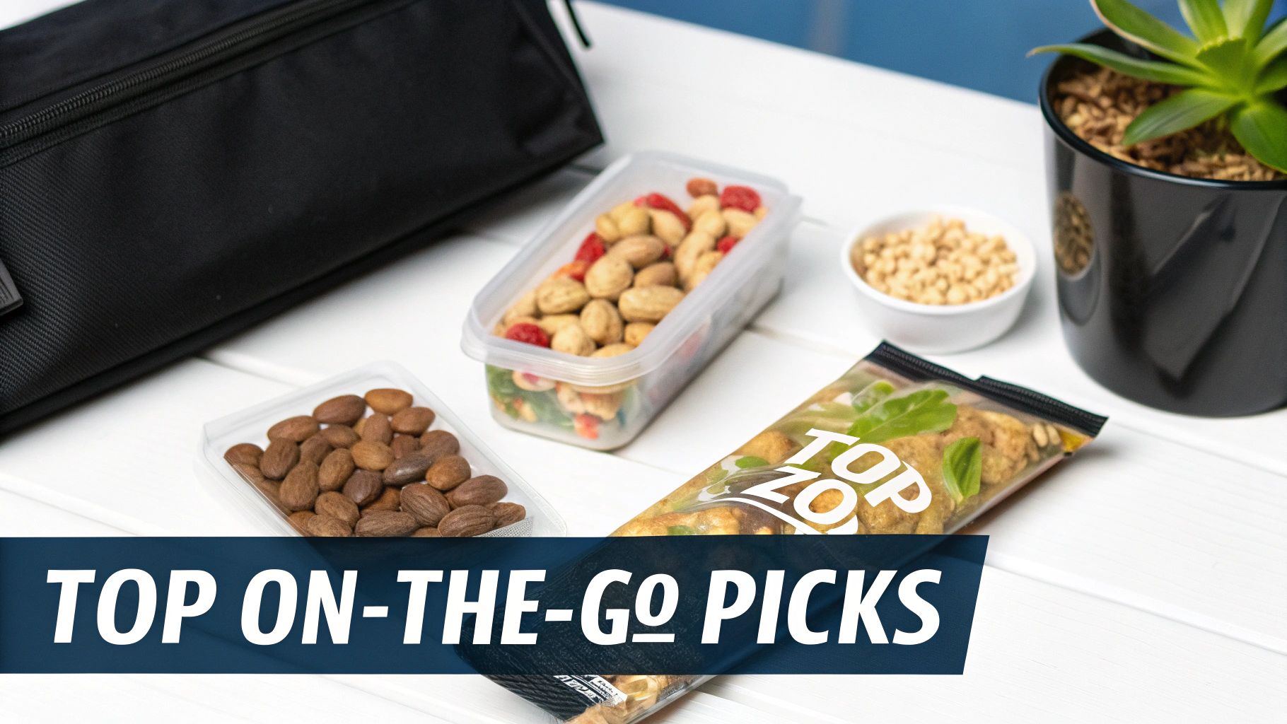 A person choosing between several healthy on-the-go protein snacks.