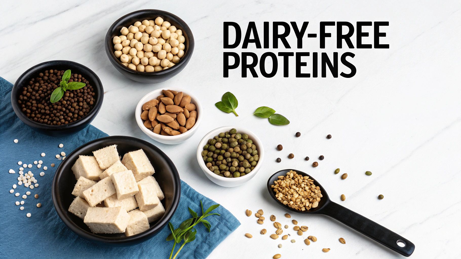 An assortment of dairy-free protein sources, including soybeans, tofu, almonds, and legumes, on a marble surface.