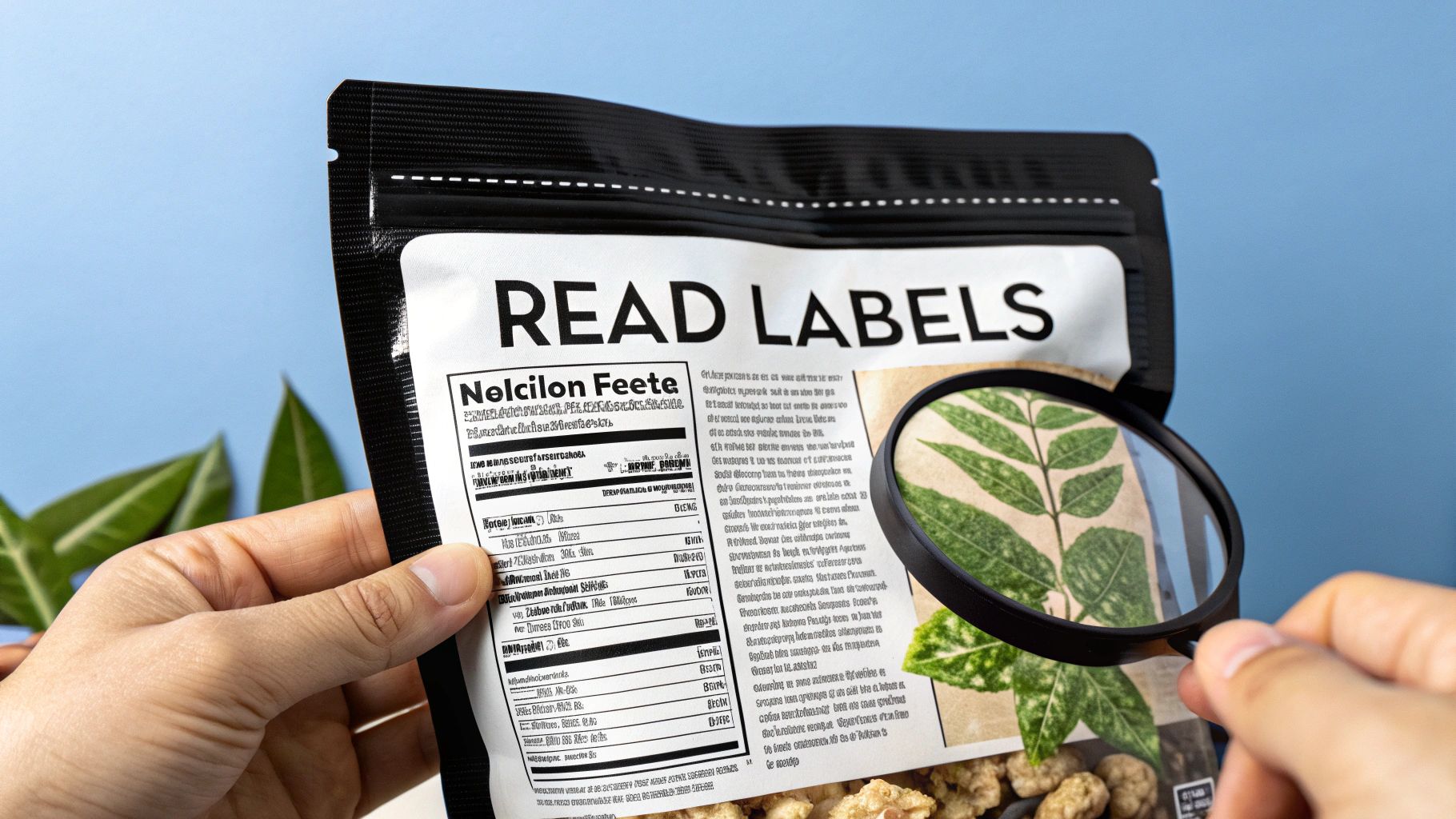 A person's hands holding a food pouch with 'READ LABELS' text, using a magnifying glass to examine details.