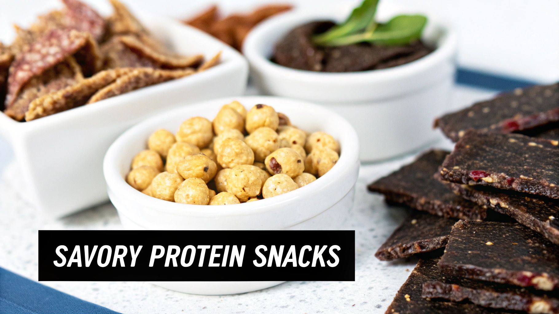 A close-up shot of various savory protein snacks, including roasted chickpeas, crispy crackers, and dark protein bars.
