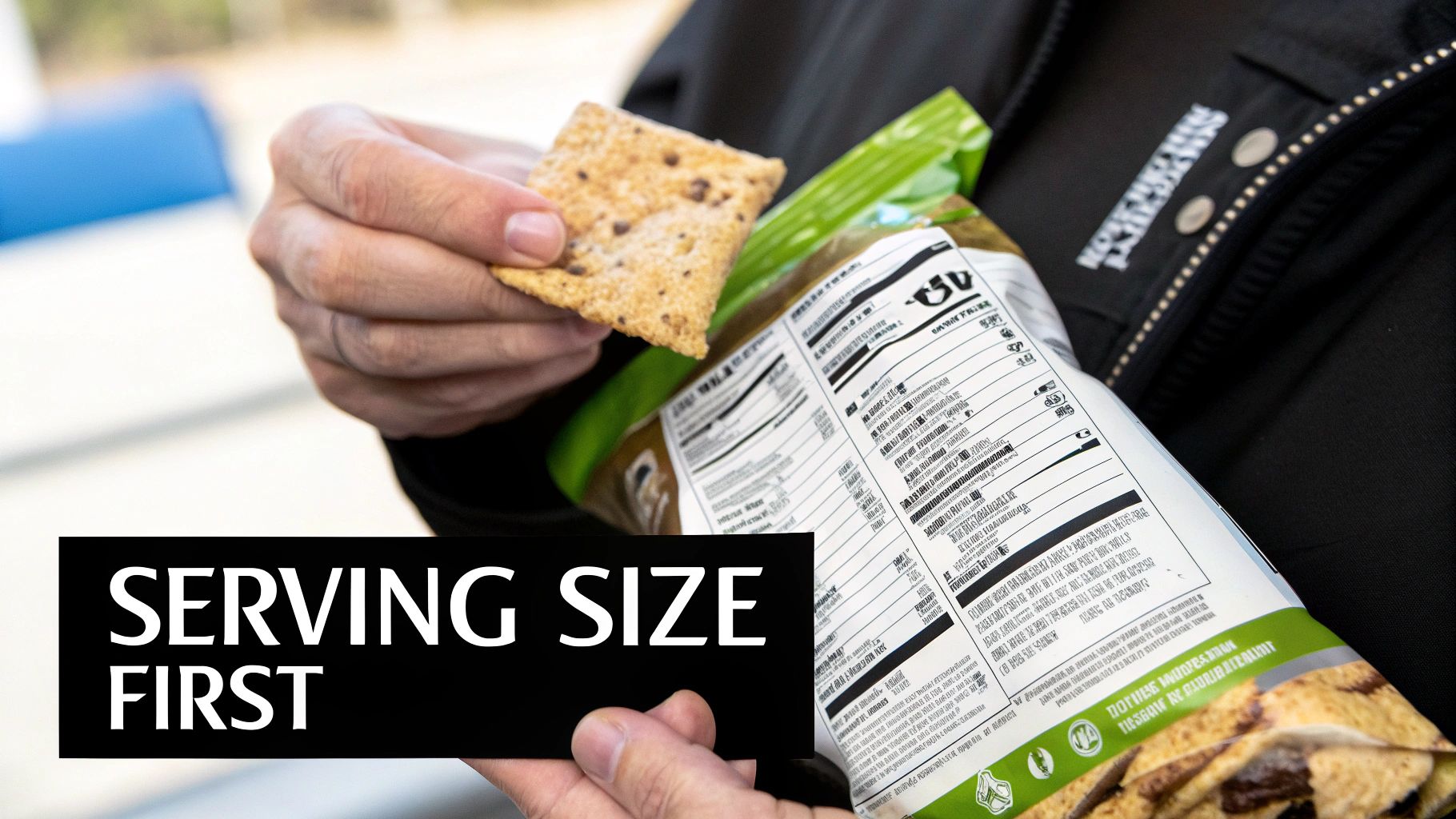 A person holds a cracker and a snack bag with nutrition facts, emphasizing 'Serving Size First'.