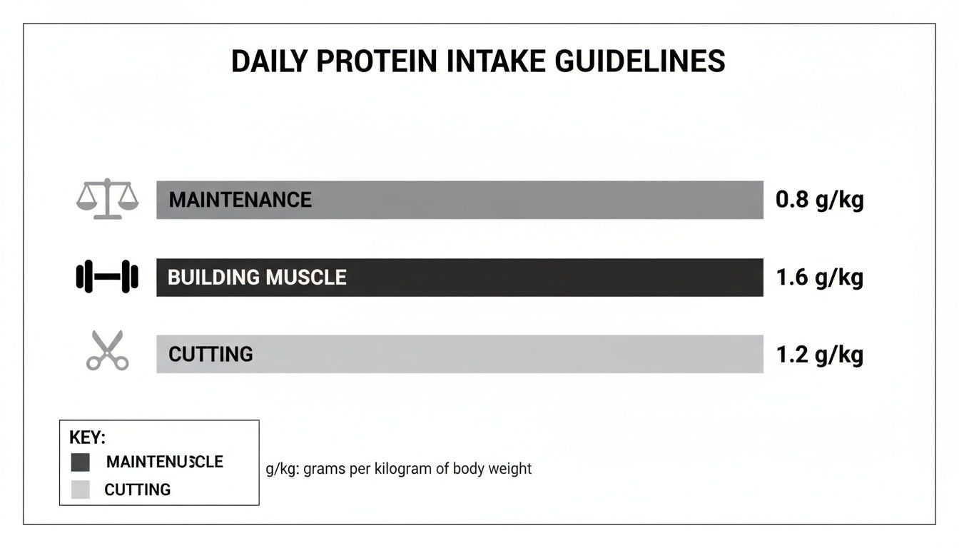 Daily protein intake guidelines chart showing recommended grams per kilogram for muscle maintenance, building, and cutting.