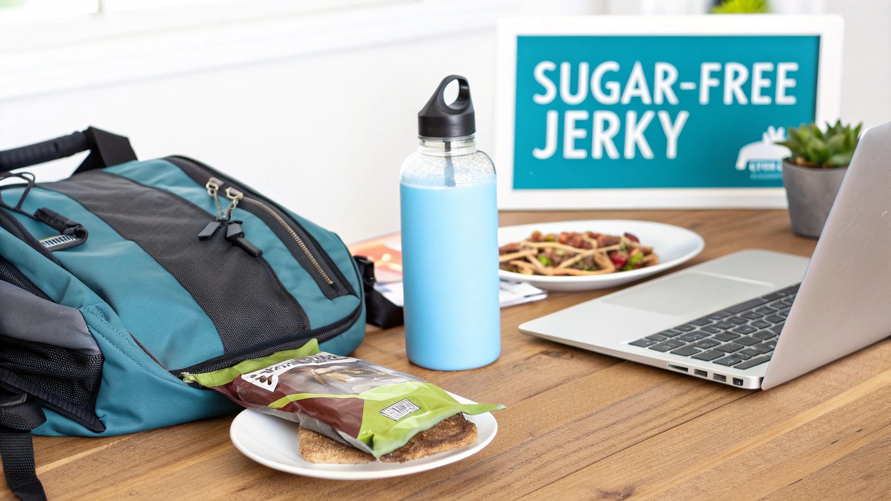A light blue water bottle, a backpack, and snacks on a wooden desk with a laptop and a 'Sugar-Free Jerky' sign.