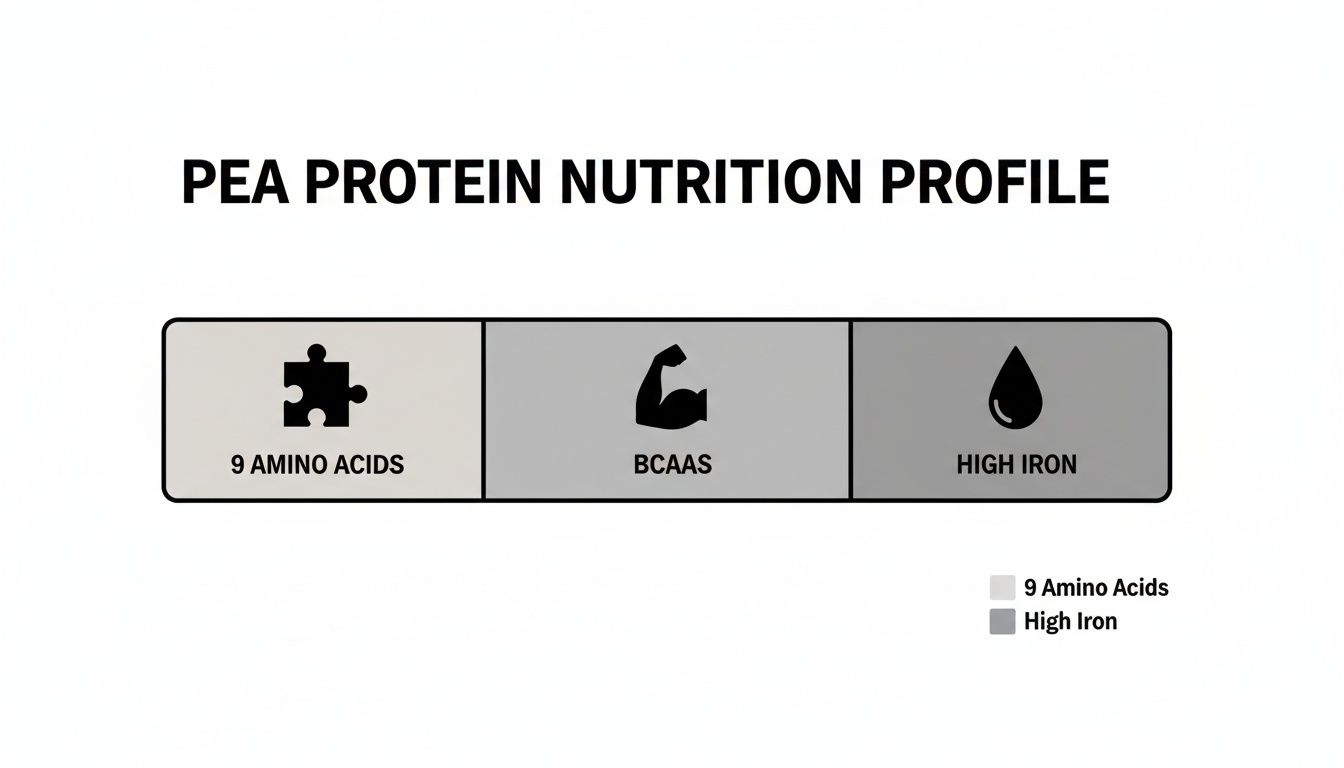Infographic showing pea protein nutrition profile: 9 amino acids, BCAAs, and high iron.