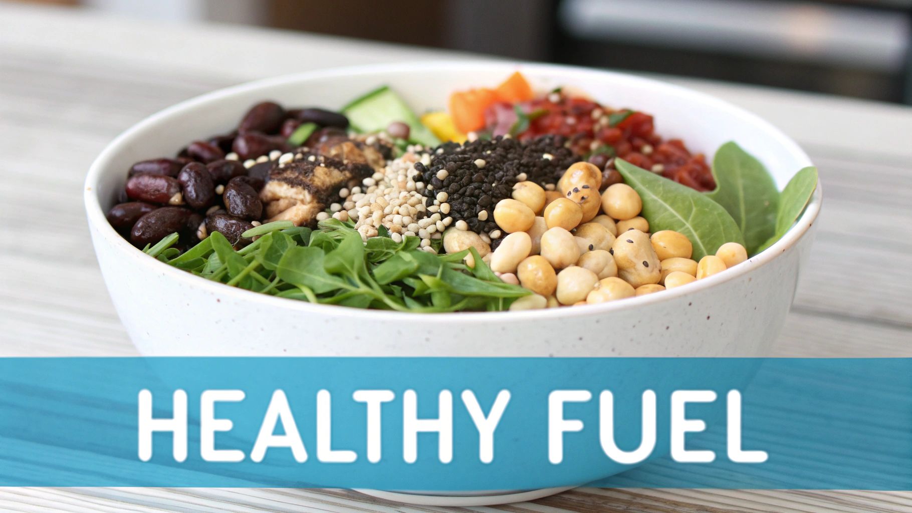 A colorful bowl of healthy plant-based food including beans, grains, greens, and nuts.